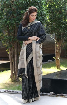 Navy Blue colored Party wear Linen Digital Printed Sari 1388