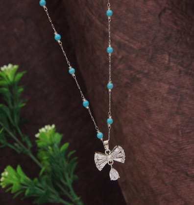 Stainless Steel Silver Bow Shaped Pendent Pearl Chain Neckla