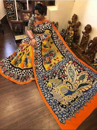 Multi color Kalamkari Linen Digital Printed Sari 1225