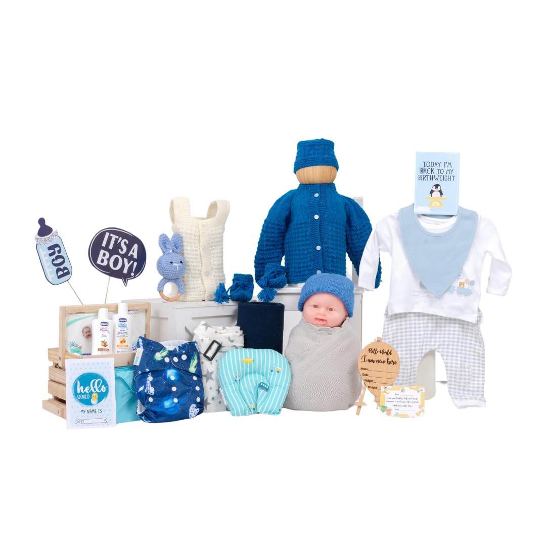 The Baby First Box Newborn Baby Essential Kit - 21 Items(0-3 Months)| Newborn Baby Gifts |Baby Shower Gift | Winter Kit (Standard Packaging) (Boys)