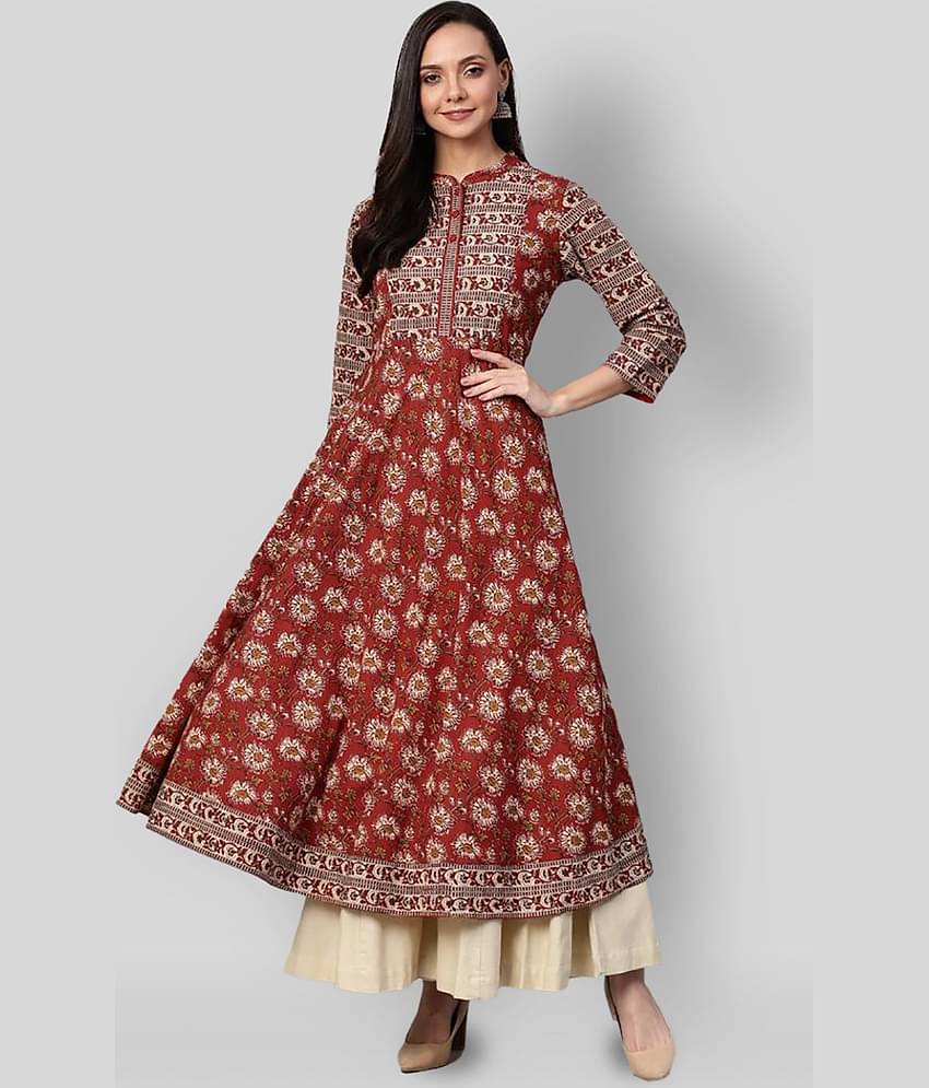 Yash Gallery Pack of 1 Cotton Printed Anarkali Women's Kurti - ( Maroon )