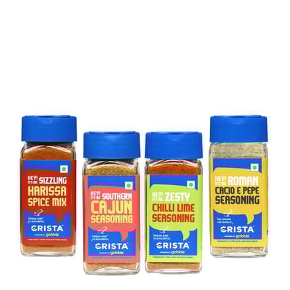 CRISTA International Seasonings Combo (Cacio e Pepe Seasoning 40 gm, Cajun Seasoning 45 gm, Chilli Lime Seasoning 50 gm & Harissa Spice Mix 45 gm) - Pack of 4