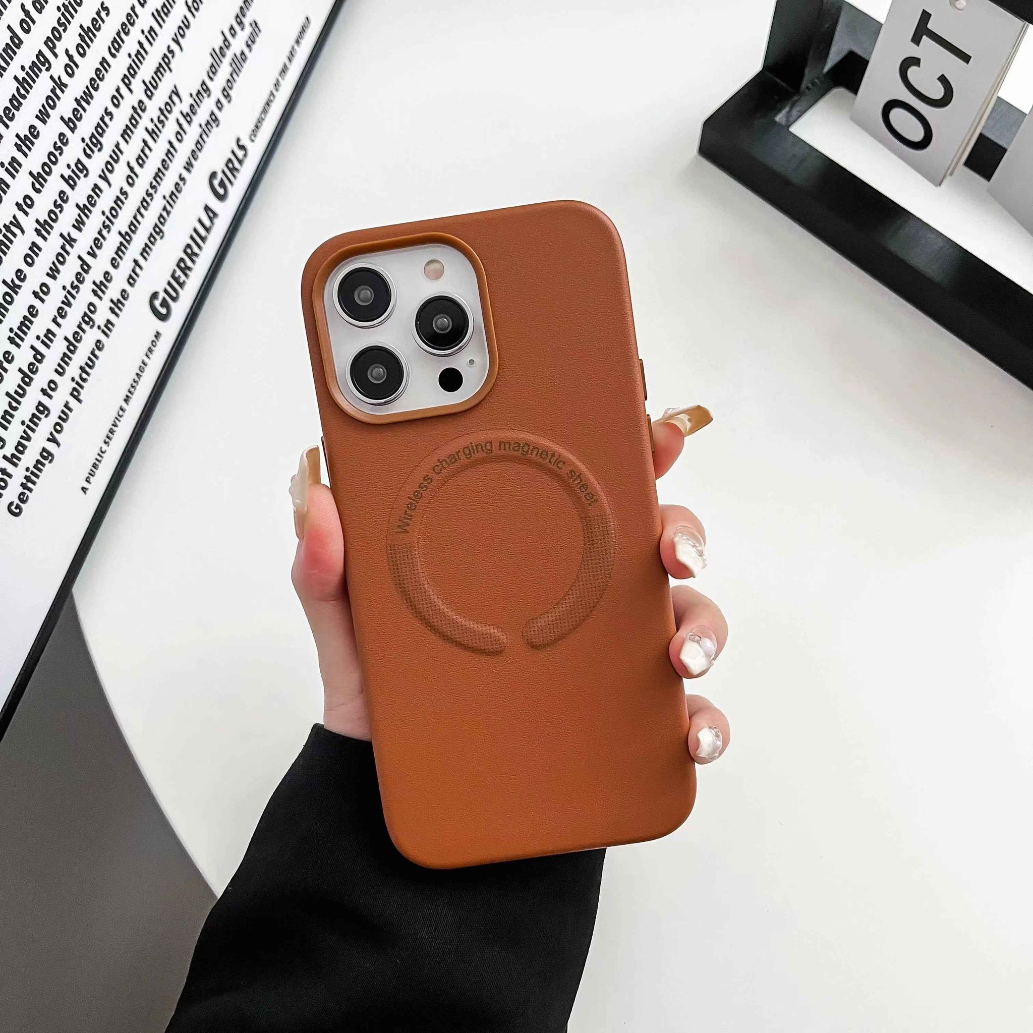 iPhone 14 Series Premium Leather Design Magsafe Back Case-iPhone 14 Pro / Golden Brown