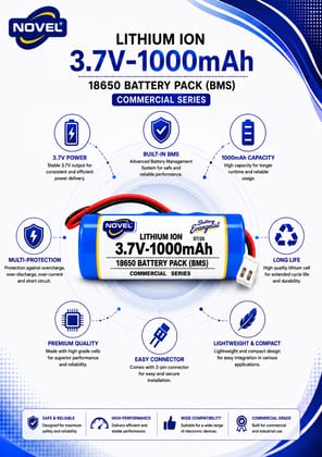 NOVEL 3.7V BMS 18650 LITHIUM ION SINGLE BATTERY WITH JST 2PIN- 1000mAh