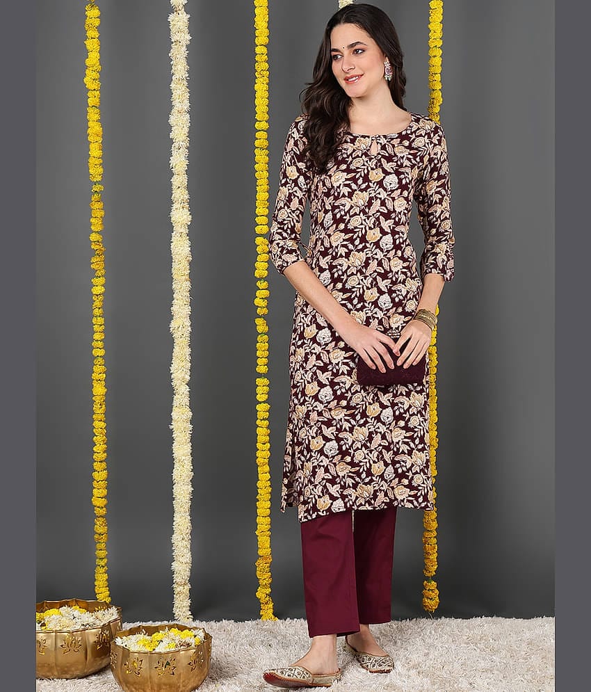 Vaamsi Cotton Blend Printed Straight Women's Kurti - Maroon ( Pack of 1 )