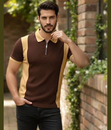 AOOSH Men Cotton Blend Regular Fit Self Design Polo T Shirt ( Coffee )