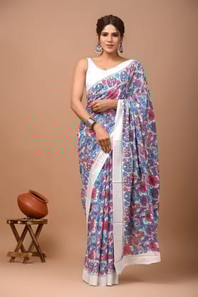 Chanderi Silk Sarees | Bagru print With attached blouse