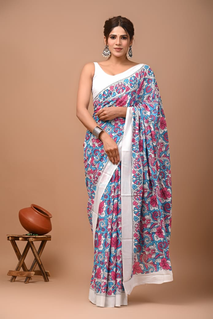 Chanderi Silk Sarees | Bagru print With attached blouse