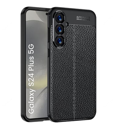Vegan Leather Rugged Flexible TPU Series Shockproof Armor Back Cover for Samsung Galaxy S24+ Plus 5G, 6.7 inch, Black