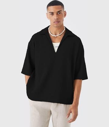 wanquila Men Cotton Blend Oversized Fit Solid Polo T Shirt ( Black )