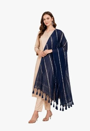 Organza Blue Color Dupatta With Mirror Work And Striped Design Adorned With Elegant Tassels For Festive Ensembles Elevating Your Style With A Graceful Flow
