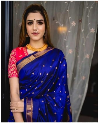 Women's Silk Printed Saree With Unstitched Blouse 5.5Mtr (Blue)-PID60337