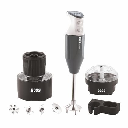 BOSS Genius Portable Hand Blender | 5 Years Warranty* | Powerful 275 Watts Motor | Chopper & Chutney Attachments | Variable Speed Control | Isi-Marked, Grey BOSS Genius Portable Hand Blender | 5 Years Warranty* | Powerful 275 Watts Motor | Chopper & Chut