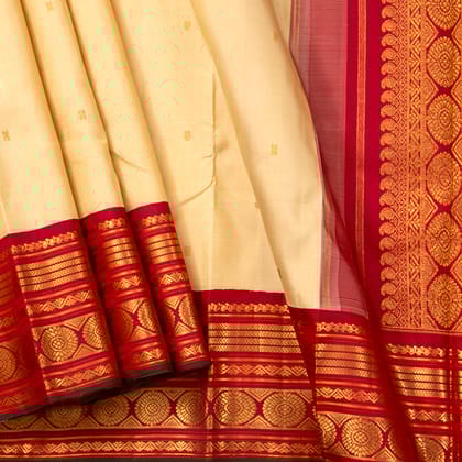 Off White And Red Kanchipuram Silk Saree For Wedding Wear PV J 1779
