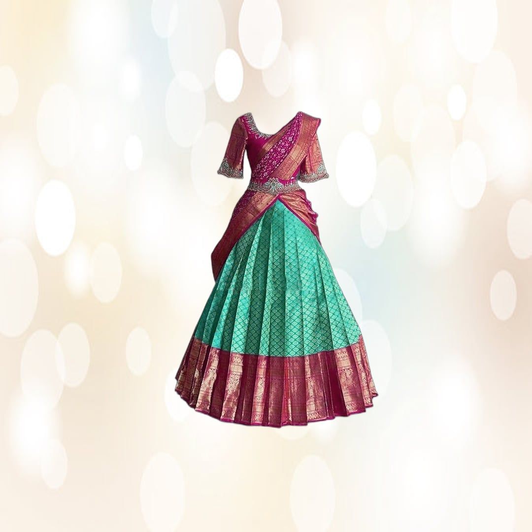 Girls Traditional Langa Voni Half-Saree Set (Pink & Green) | Silk Blend | Festive & Wedding Wear