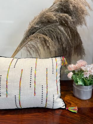 KRI India Raw Tasselled Cross Cushion Covers 12x18" | Beige with black embroidery and multicoloured tassels | Wash & Care | 100% Cotton | Handcrafted in India. 100% organic & natural. KRI India Raw Tasselled Cross Cushion Covers 12x18" | Beige with black embroidery and multicoloured tassels | Wash & Care | 100% Cotton | Handcrafted in India. 100% organic & natural.