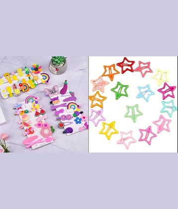 24 Pieces Hair Accessories Combo for Kids & Girls | Star Snap Metal Colorful Hair Clips - 10 Pieces | Cartoon Emoji Elegant Hair Clips - 14 Pieces | Random Design & Color