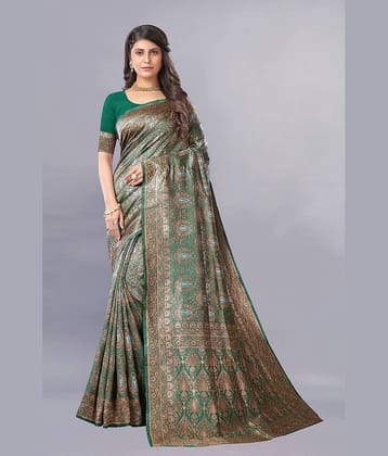 Gazal Fashions Banarasi Silk Embellished Saree With Unstitched Blouse Piece ( Green )