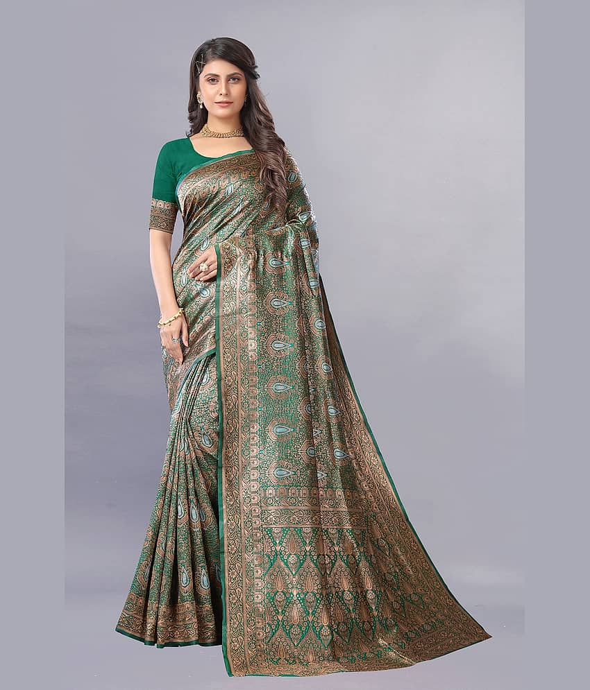 Gazal Fashions Banarasi Silk Embellished Saree With Unstitched Blouse Piece ( Green )