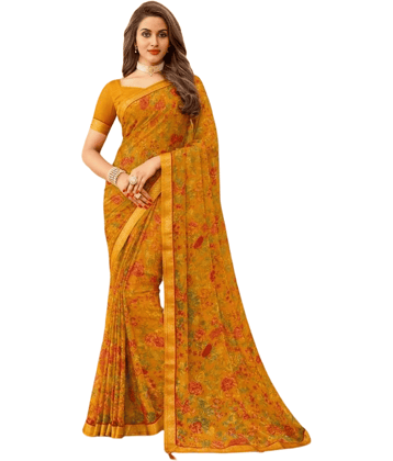 Nandini Creation Chiffon Printed Saree With Unstitched Blouse Piece ( Yellow )