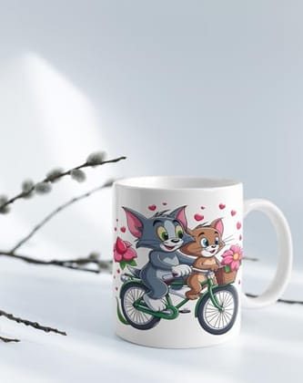 TRHE Magical Gift Tom and Jerry Cartoon Coffee Mug for Kids and Adults Cute Printed Ceramic Cup with Love Hearts and Bike Design for Tea Milk Office Home