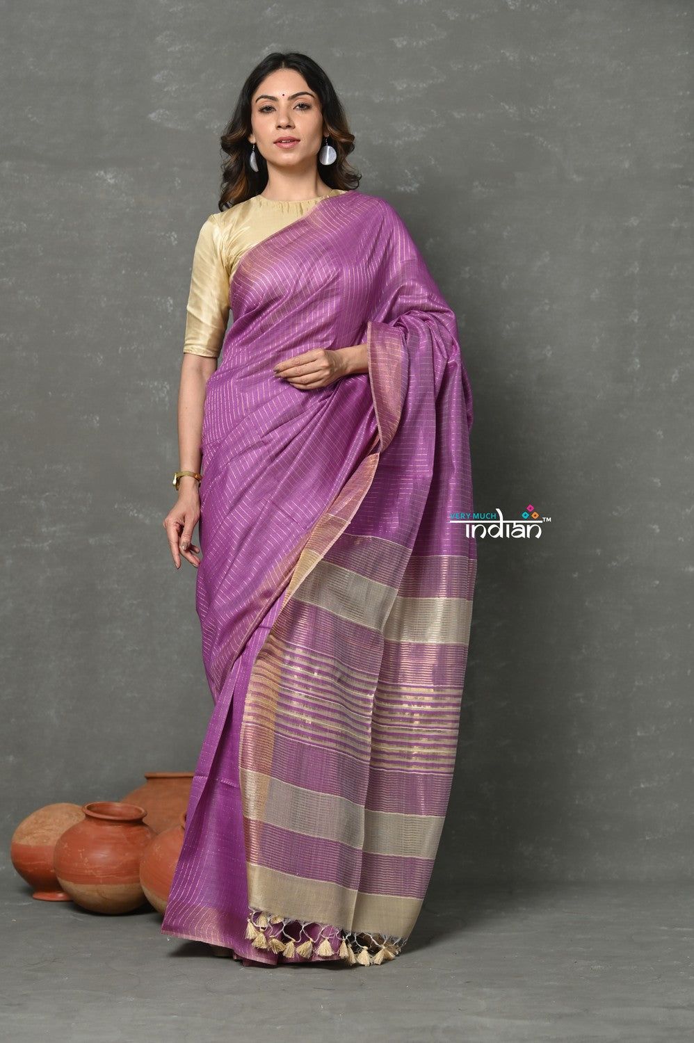 Tyohaar ~ Exclusive! Cotton By Silk Handloom Saree By Khadigram Certified Weavers - Purple Pink