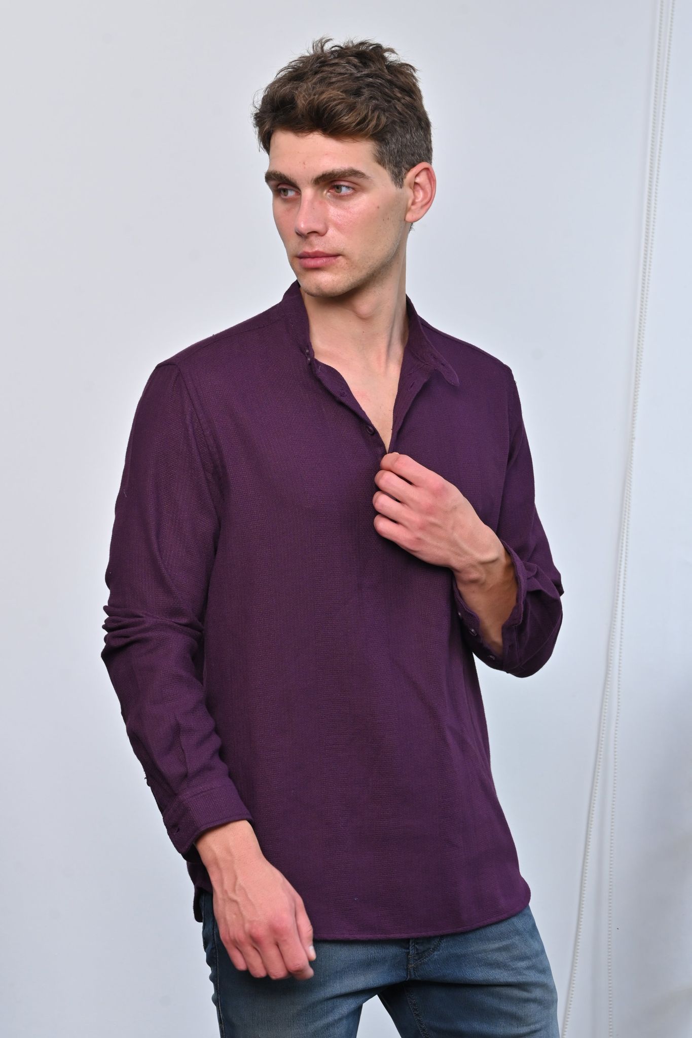 Ruby - Textured Solid Kurta Shirt - Burgundy-S-38 / BURGUNDY