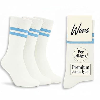 Wens White School Socks With Strips for Girls, Boys, Kids and Men of All Ages (Pack of 3) | Heavy Elastic, Streachable & Comfortable Fit | Calf Length Uniform Socks | Anti Odour   White with SKY BLUE stripes