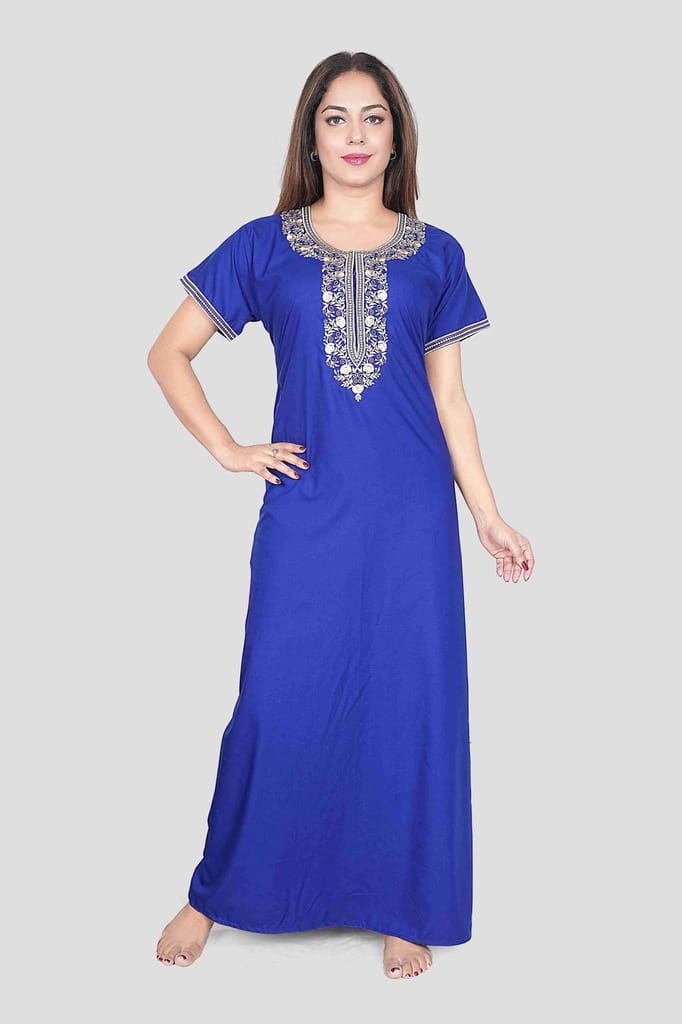 New Women Luxury Women’s Nighty – Plain Bizzy Lizzy Fabric with Stylish Neck Embroidery Night Go