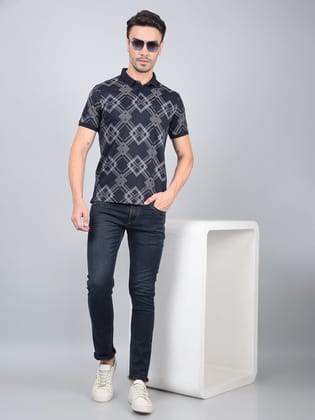 Navy Blue Printed 100% Cotton Polo Neck T-Shirt-M / Navy Blue