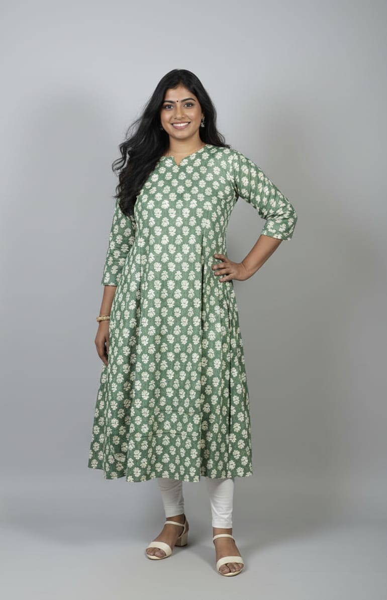 Rivaaj Ethnic Heena Kali Kurta (M) | Green Cotton Split V-Neck | Daily & Office Wear | Breathable Fabric