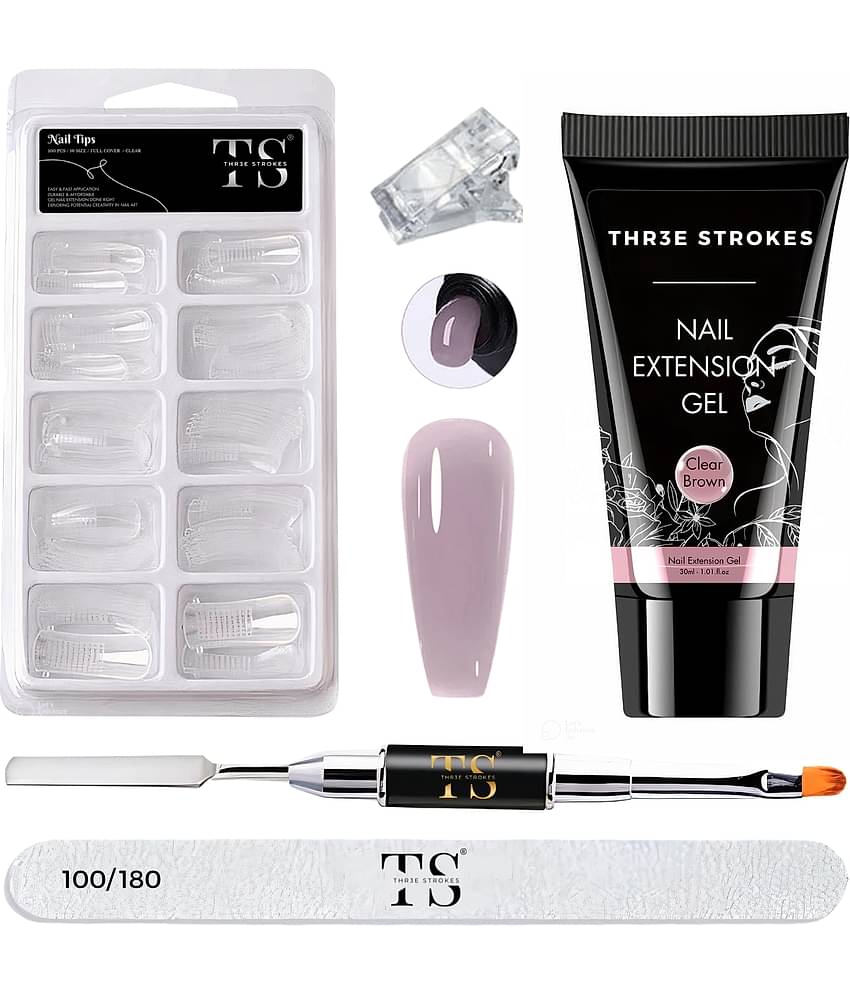 THR3E STROKES Poly Gel Nail Extension Set Nails Art Combo Polygel Nail Extension Kit (C. Brown) 30 g