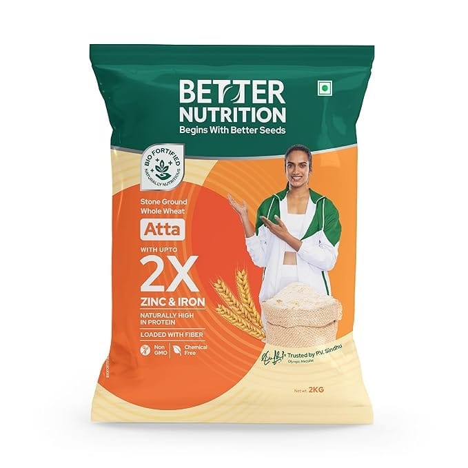 Better Nutrition Biofortified 2kg Atta | Nutritious, Healthy, 100% Whole Wheat Flour | High in Iron, Zinc, Fiber, and Protein | NO Additives | 100% Natural