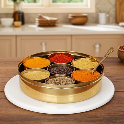 Brass Spice Box, Masala Box Set With Spoon (ZMAS585 B)