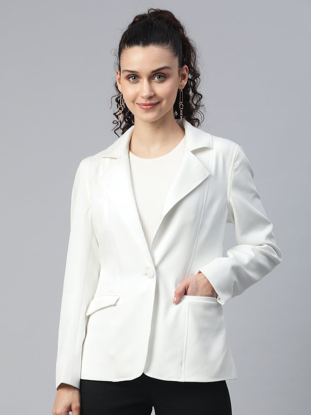 Notched Lapel Light Weight Stretch Jacket - White-S