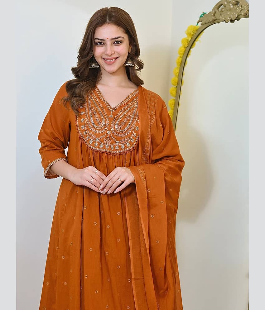 Royal Export Women Viscose Embroidered A-line Kurti With Pants ( Rust )