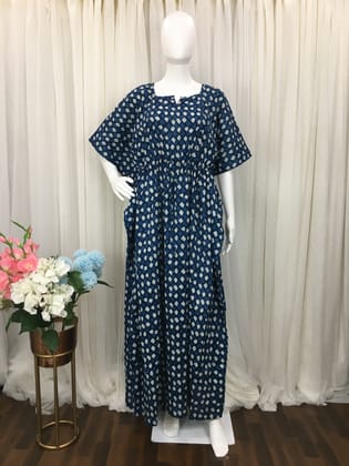 Indigo White Square - Maternity Kaftan - Pure Cotton  - Free Size