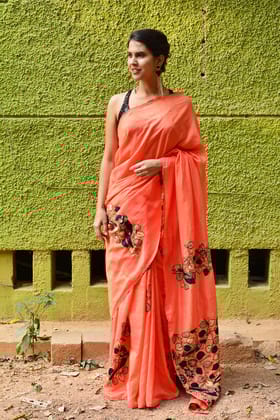 Printed orange Soft color Linen Digital printed Silk Sari 1103