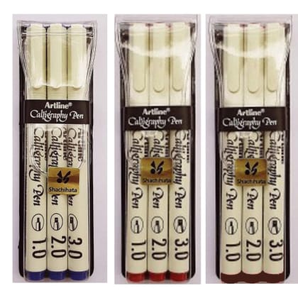 Artline Calligraphy Pen of Colours Blue, Red & Sepia Pack of 3 | For Cards, Sketching, Lettering & Music