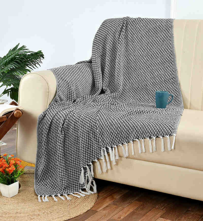 Furnofy Abstract Single Throw For AC Room Blue and Silver(Cotton, Black)