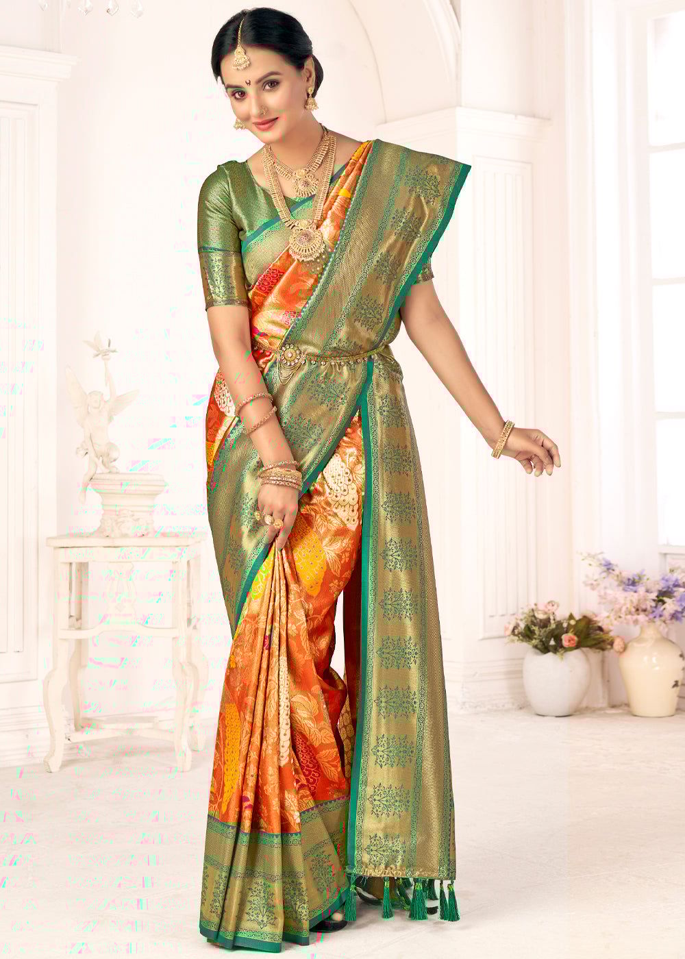 Classic Orange Woven Kanjivaram Silk Saree