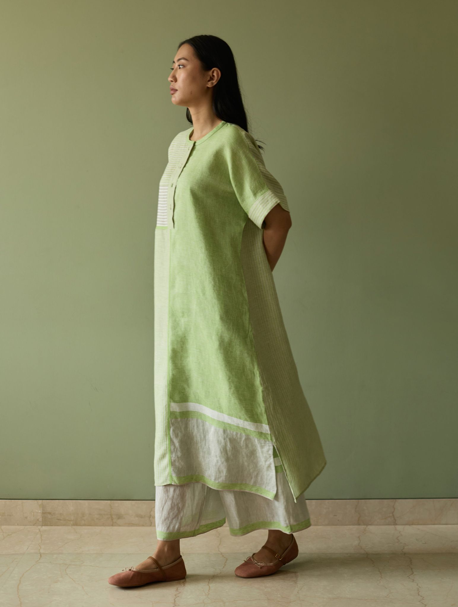 Pira Stripe Linen Tunic Kaftan Set - Meadow-XS