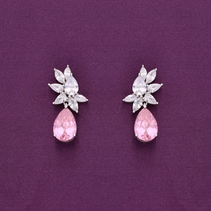 Royal Teardrops Statement Silver Drop Earrings-Pink Stone / Silver