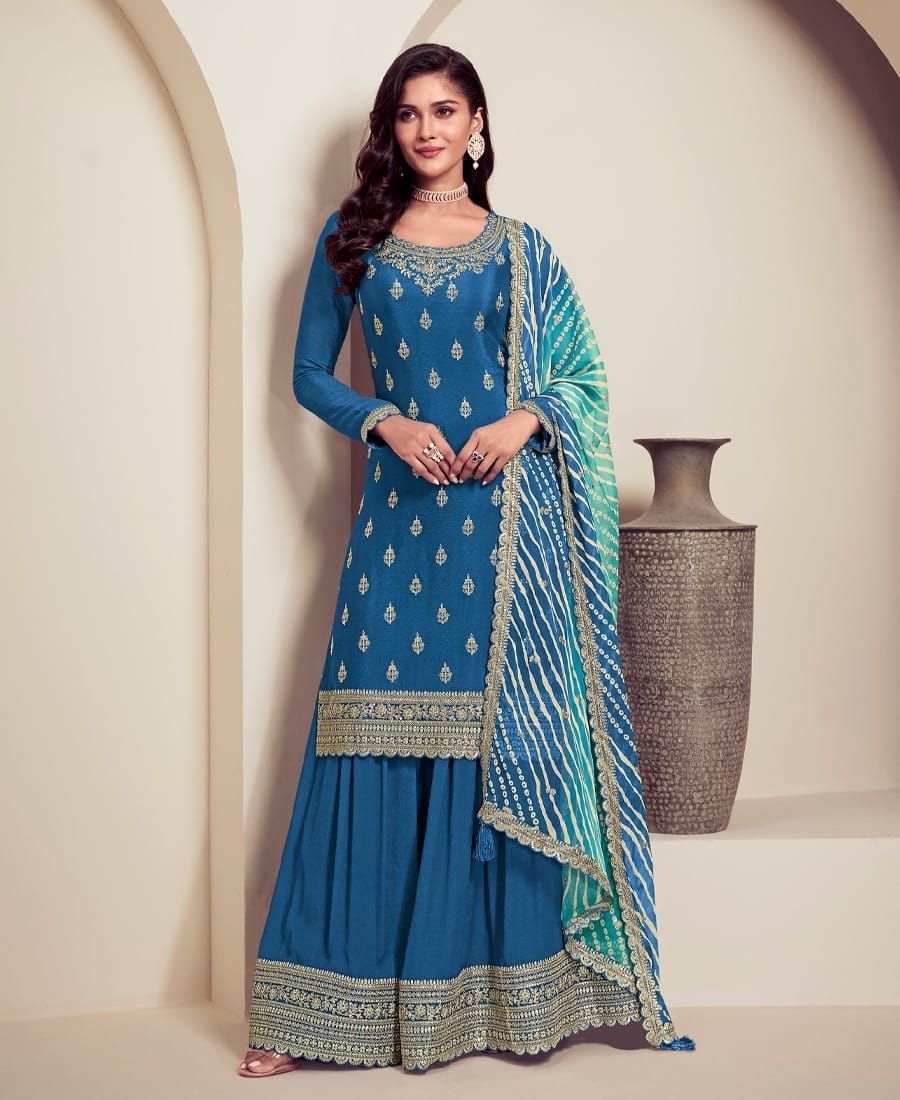 designer blue chinon straight suit for women ethnic wear