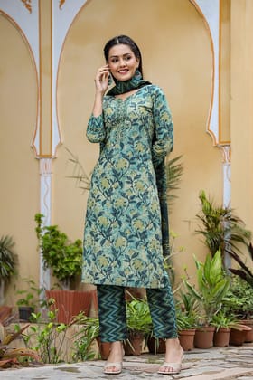 Ahika Women Cotton Blend Teal Ethnic Motifs Printed Straight Kurta Palazzo Dupatta Set VKSKD1091