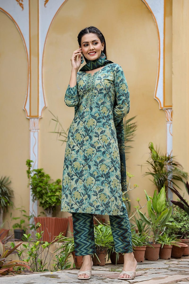 Ahika Women Cotton Blend Teal Ethnic Motifs Printed Straight Kurta Palazzo Dupatta Set VKSKD1091
