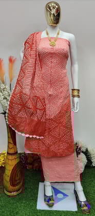 Cotton satin Self Color Contrast Original Kutch Bandhani Dress Material-Un-Stitched / Peach