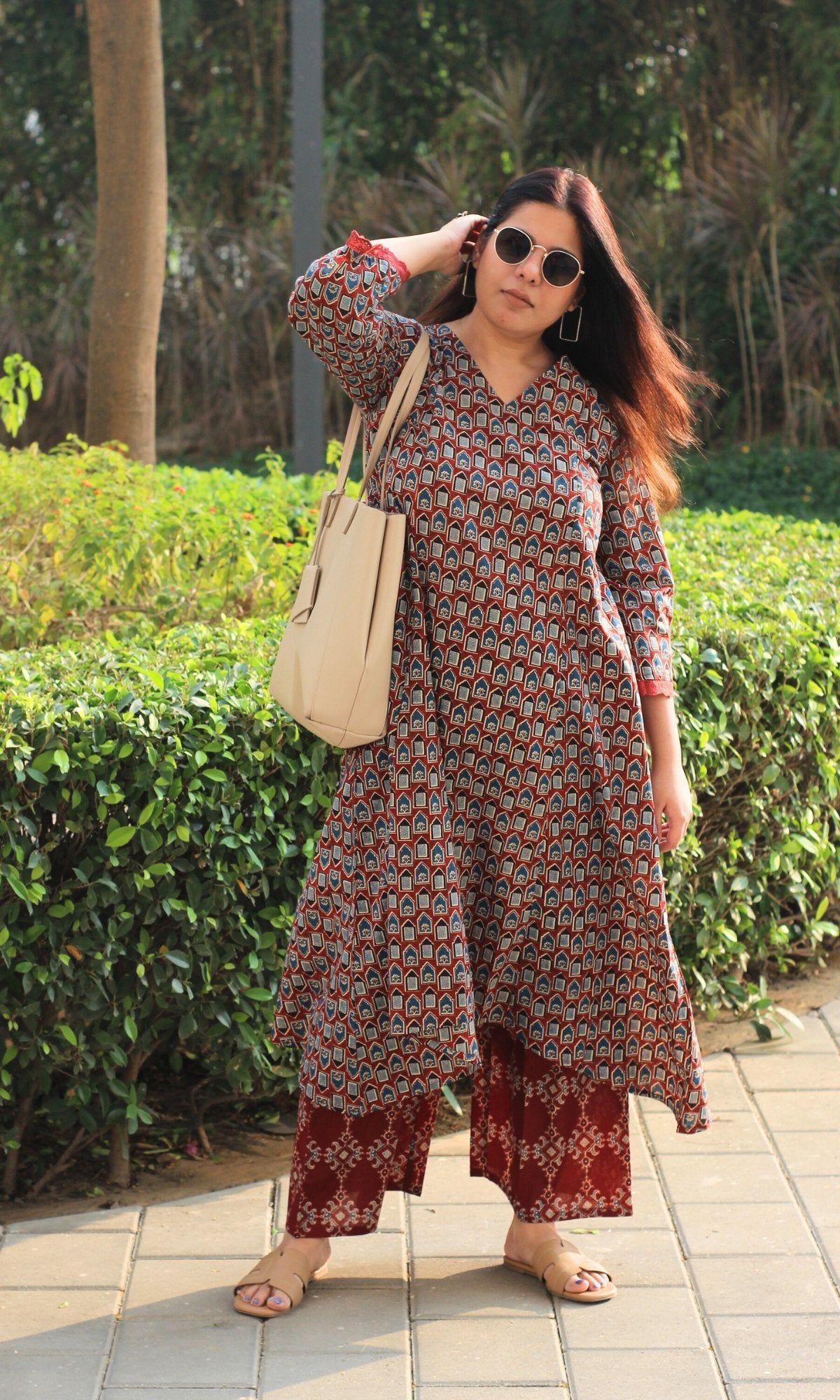 Cotton Rust Ajrakh Palace Print High Low Kurta & Palazzo-XXS