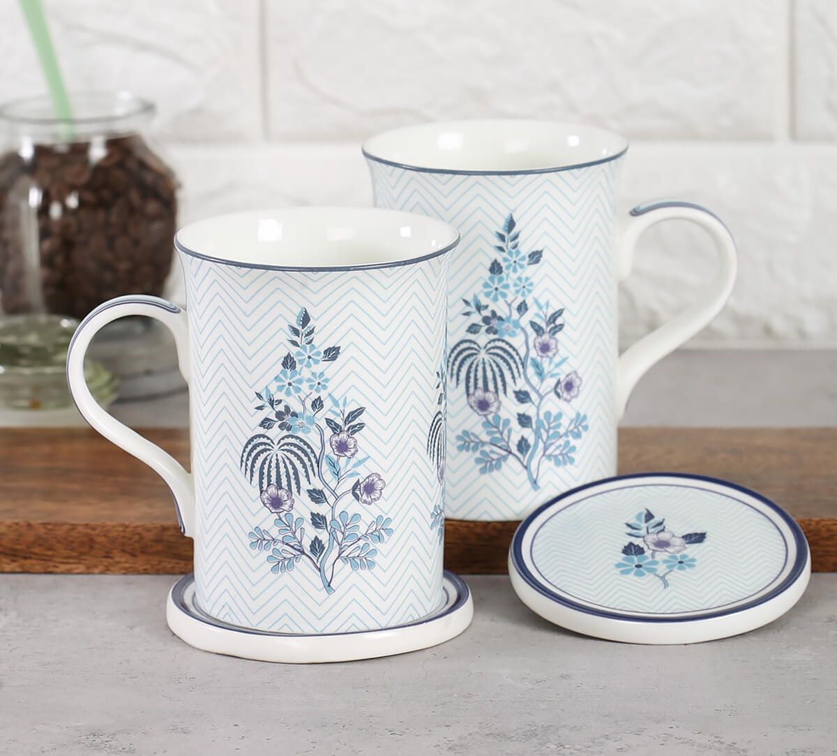 India Circus Chevron Sapphire Coffee Mugs And Coasters Set Of 2