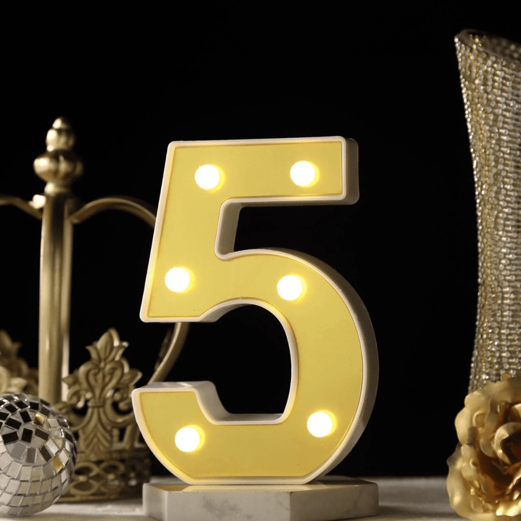 No.5 LED Golden Marquee, Light Up Marquee Number Sign for Weddings, Birthday, Christmas,Room Decoration,Bar Decoration, Battery Powered - Party and Festive Needs | Buy online on ZillyBuy